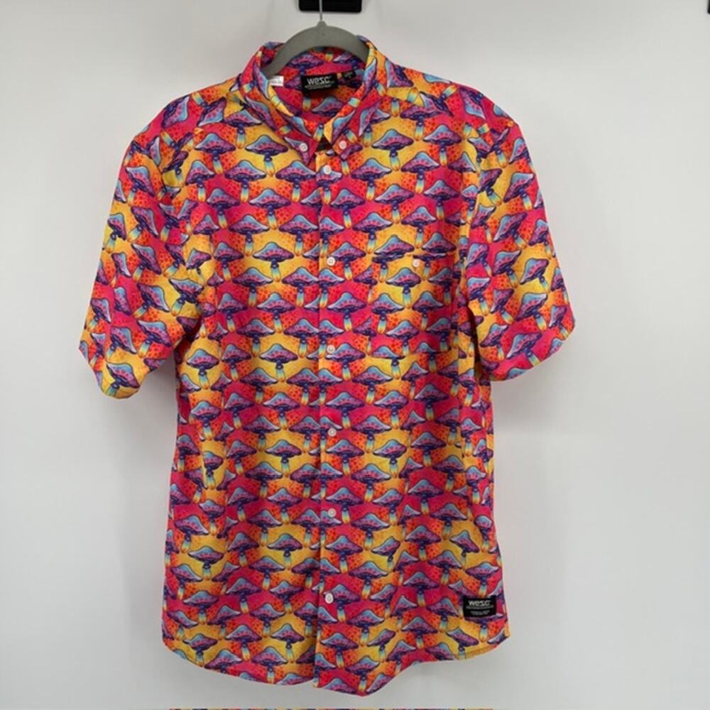 WESC Oden Shroomspiracy Button Down Shirt Unisex Pink Orange Mushrooms M/L